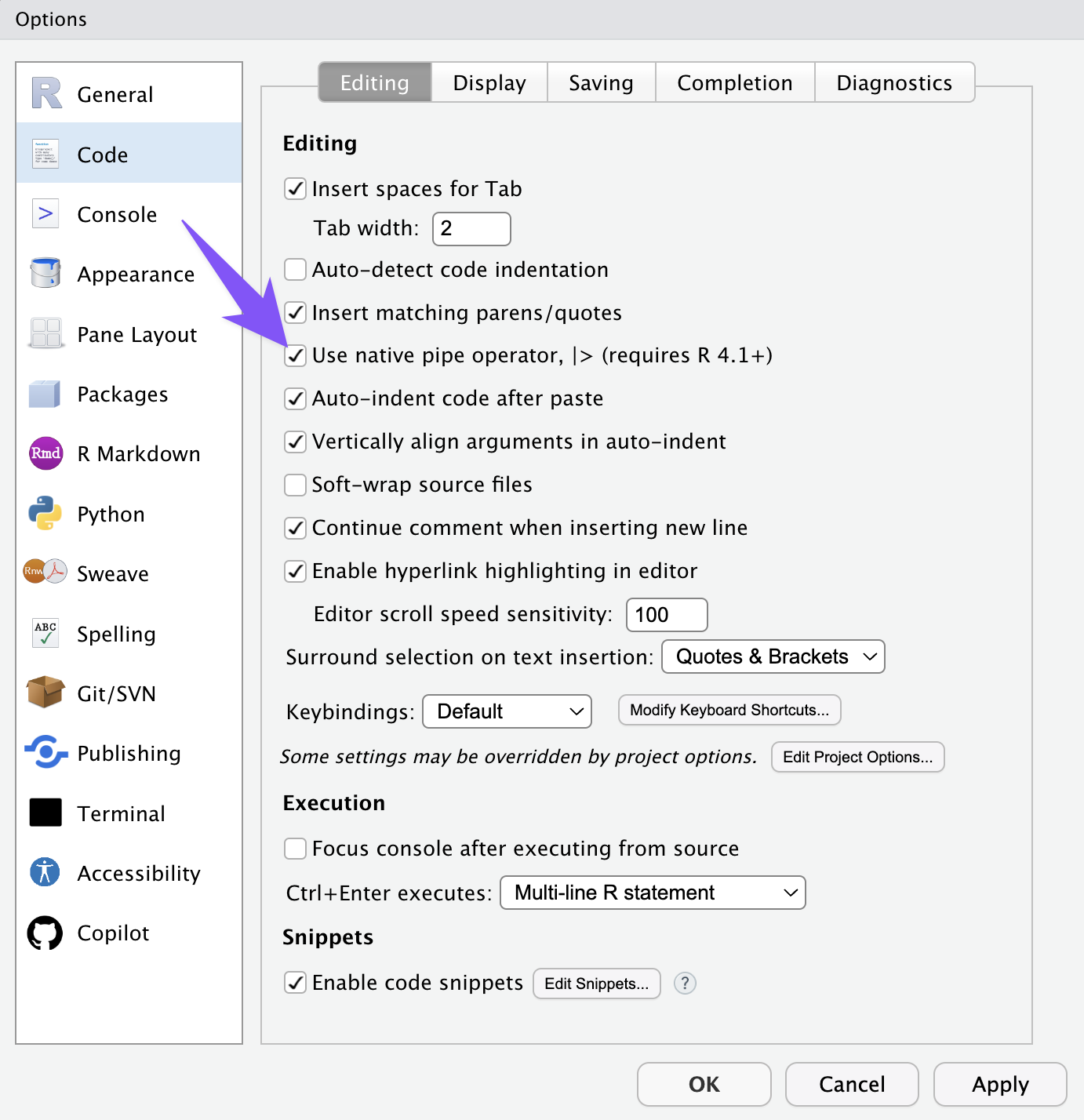 Sélectionnez « Use native pipe operator »