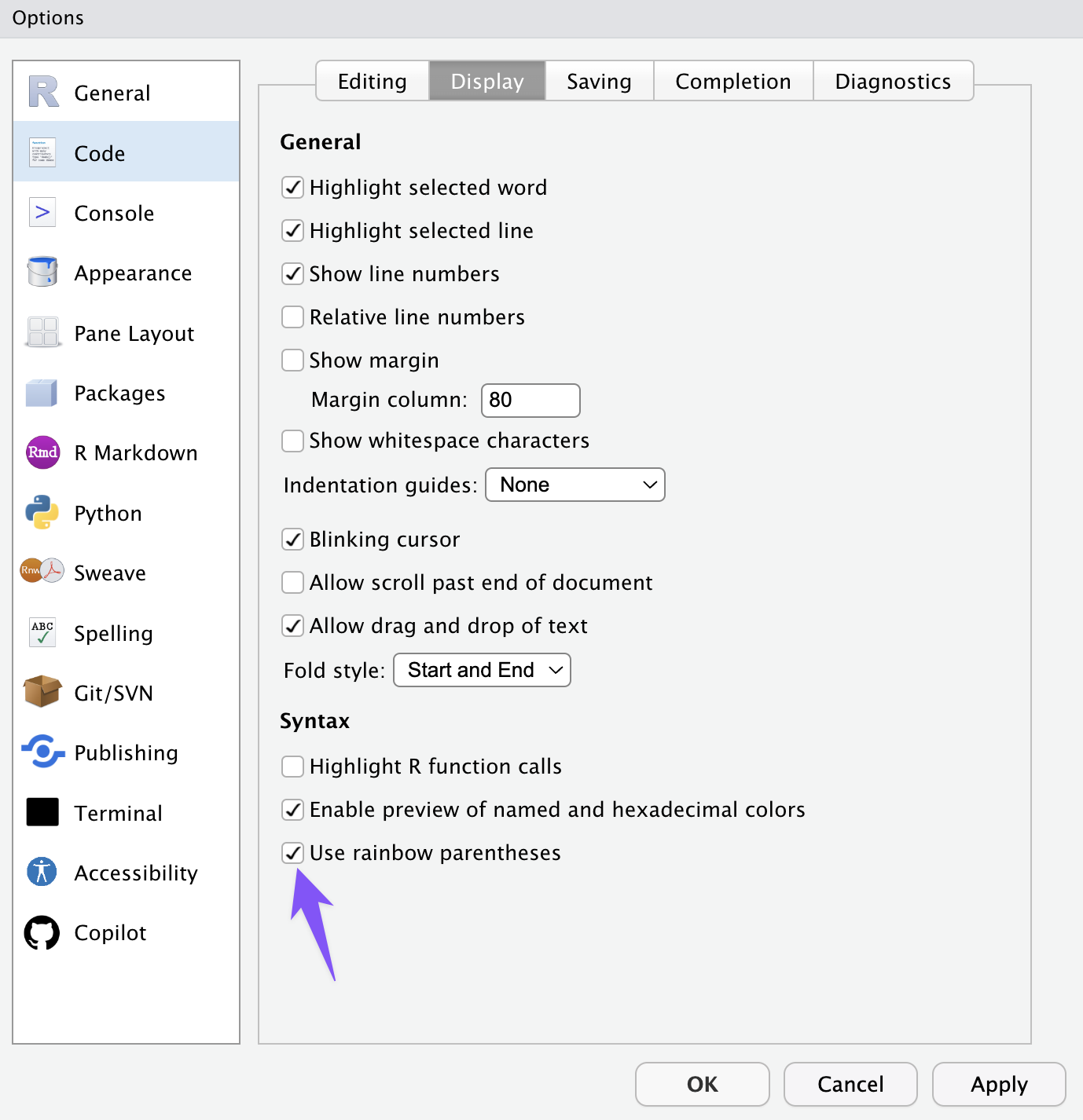 Sélectionnez « Use rainbow parentheses »